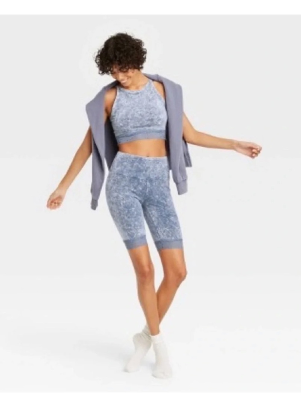 Blue Marble Lace Trim Bralette & Bike Shorts Set